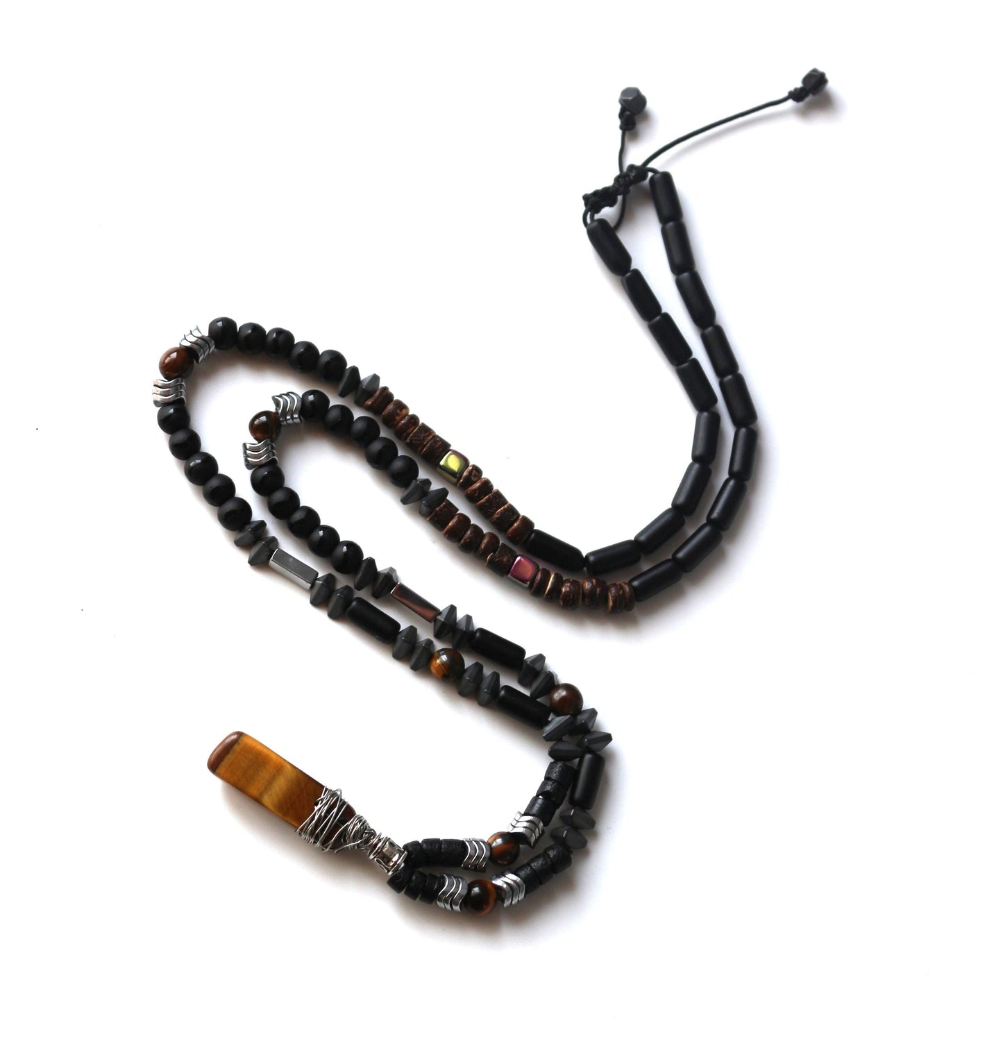 Tiger's Eye, Coconut, Hematite, Black Onyx Necklace - Handmade, Unique Design