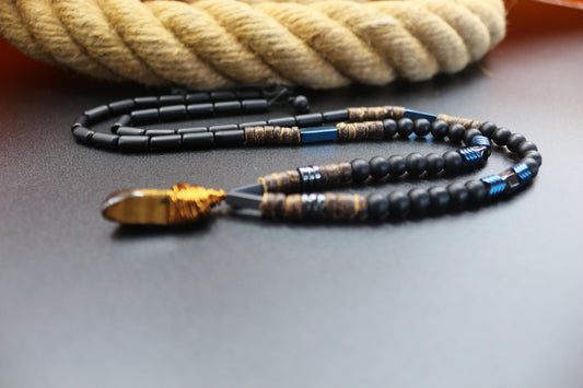The Nobility of the Blue Tiger – Tiger Eye & Hematite Gemstone Necklace | Handmade Energy Jewelry