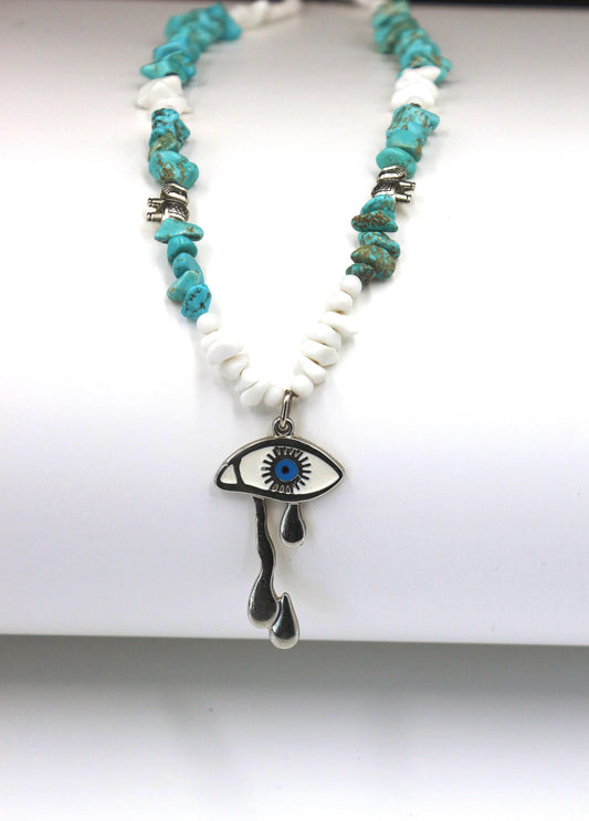 Handmade Turquoise & Howlite Necklace – Eye Protection Amulet, Boho Spiritual Jewelry