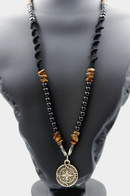 Handmade Men's Natural Stone Necklace – Tiger's Eye with Compass Pendant, Unique & Special Design