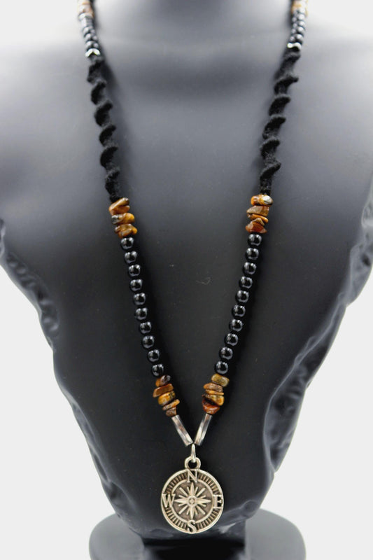 Handmade Men's Natural Stone Necklace – Tiger's Eye with Compass Pendant, Unique & Special Design