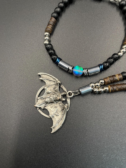 Bat Symbol Necklace & Bracelet Set – Gothic Halloween Jewelry with Lava Rock, Onyx, Coconut Beads, Hematite – Dark Knight Inspired Gift for