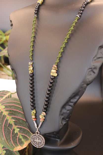 Handmade Unakite Hematite Necklace: Braided Cord Compass Pendant