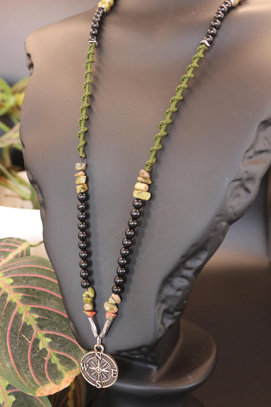 Handmade Unakite Hematite Necklace: Braided Cord Compass Pendant