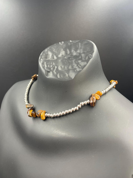 Tiger Eye and Brass Beaded Necklace | Adjustable Chain | Unisex Handmade Jewelry | Grounding Crystal Necklace | Spiritual Gift for Him/Her