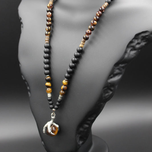Handmade Necklace with Natural Tiger's Eye, Onyx, and Wooden Beads. Unique Design