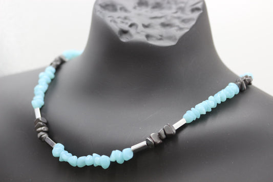 Handmade Aquamarine and Hematite Necklace – Stylish Natural Stone Design, Unisex