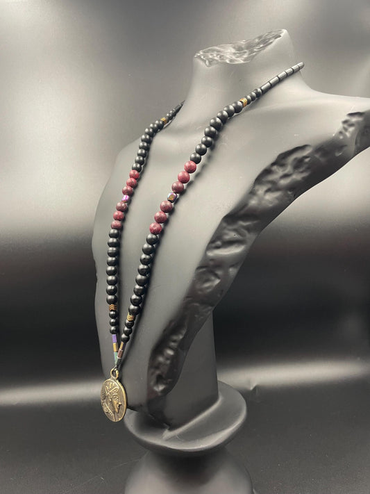 Men’s Gladiator Necklace – Natural Gemstone Jewelry – Red Agate & Rainbow Hematite – Warrior Amulet – Handmade Gift for Hi