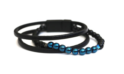 Bracelet - Genuine Leather, Blue Hematite, and Natural Stone
