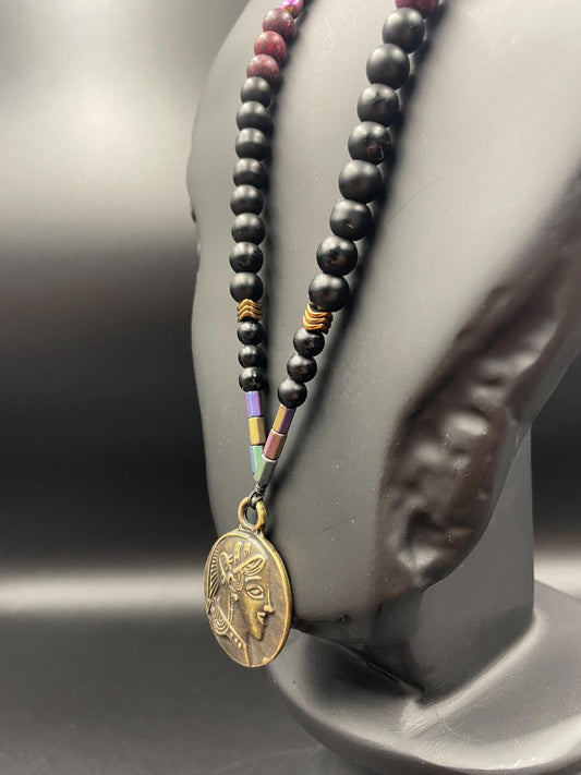 Men’s Gladiator Necklace – Natural Gemstone Jewelry – Red Agate & Rainbow Hematite – Warrior Amulet – Handmade Gift for Hi
