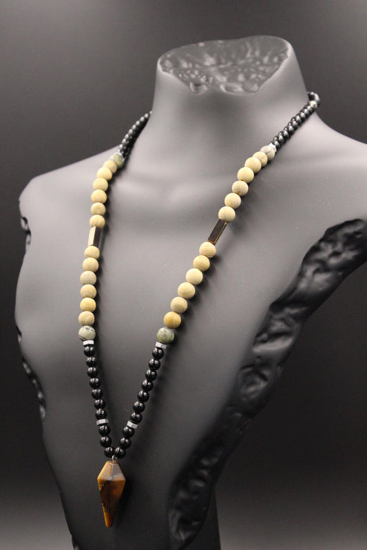 Handmade Tiger's Eye and Petrified Wood Necklace – Natural Stone, Unisex, Modern Design