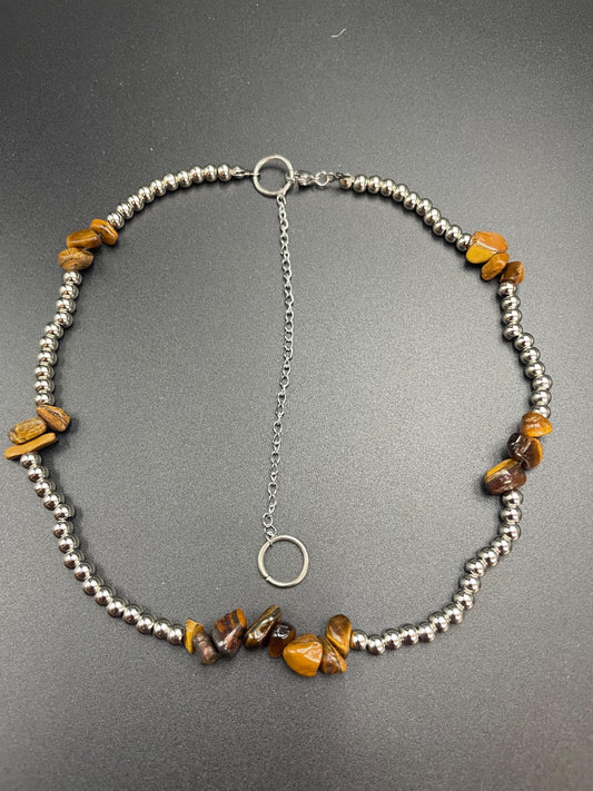 Tiger Eye and Brass Beaded Necklace | Adjustable Chain | Unisex Handmade Jewelry | Grounding Crystal Necklace | Spiritual Gift for Him/Her