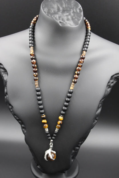 Handmade Necklace with Natural Tiger's Eye, Onyx, and Wooden Beads. Unique Design