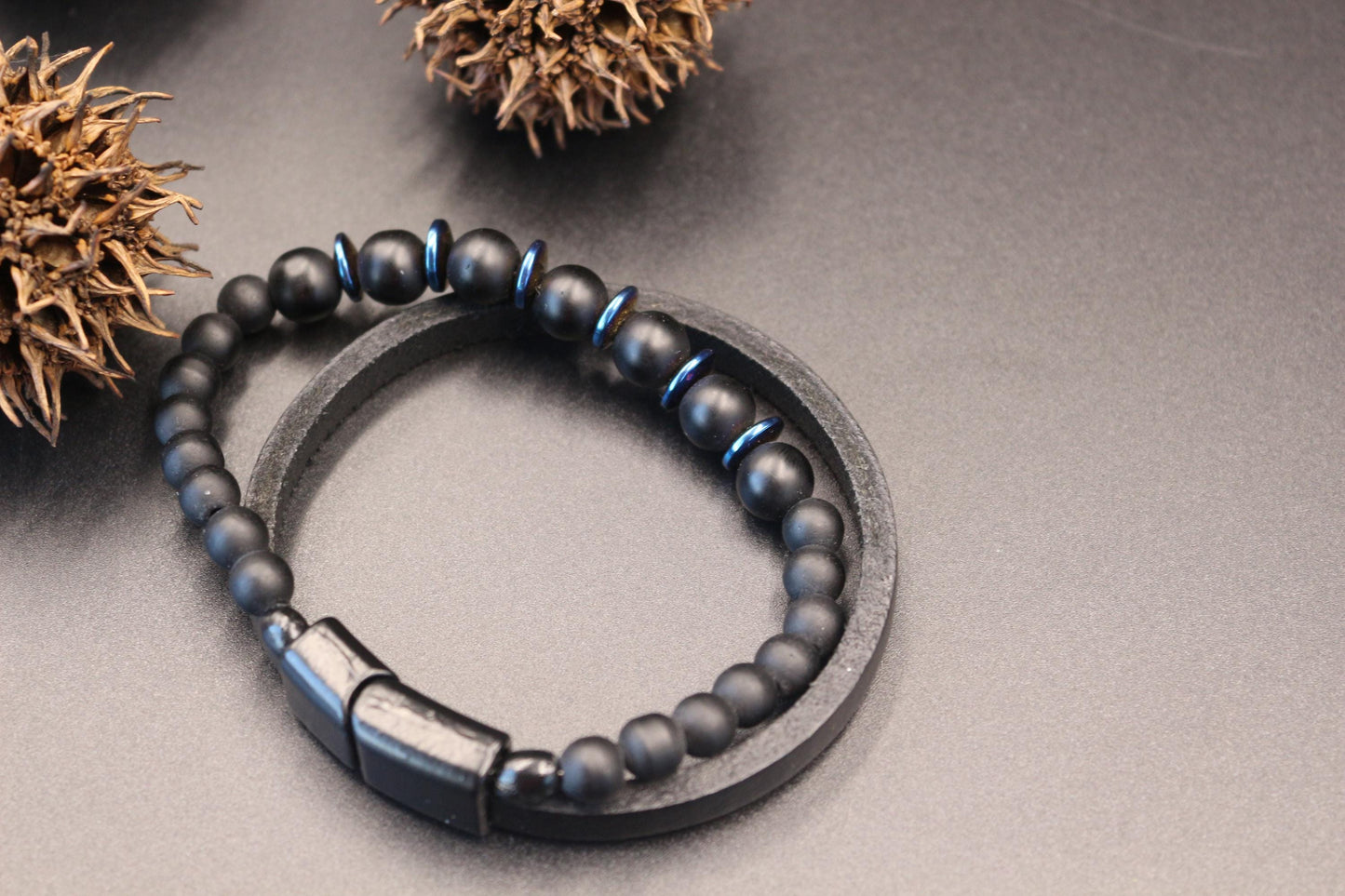 Bracelet - Handmade with Black Onyx, Blue Hematite, and Genuine Leather