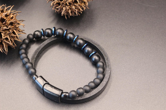 Bracelet - Handmade with Black Onyx, Blue Hematite, and Genuine Leather