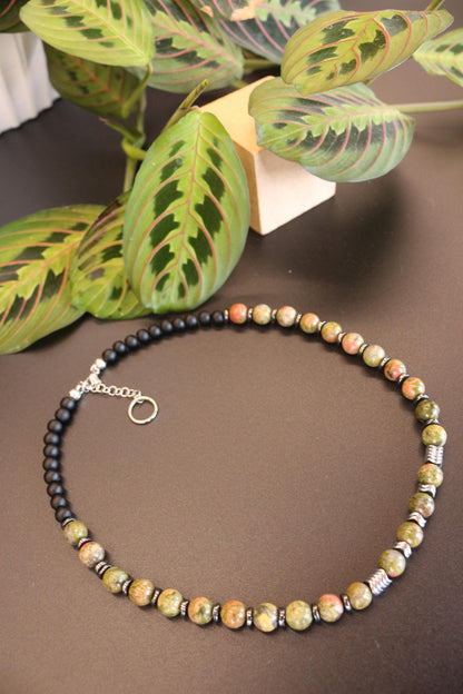 Unakite, Hematite, and Black Onyx Necklace, Unique Handmade Necklace