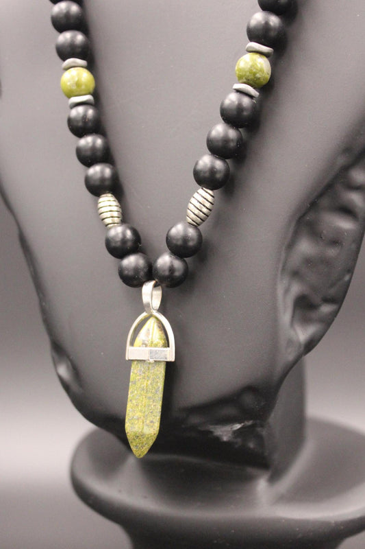 Necklace - Unakite, Black Onyx, and Hematite Handmade Natural Stone – Unique Design Green Gemstone Necklace