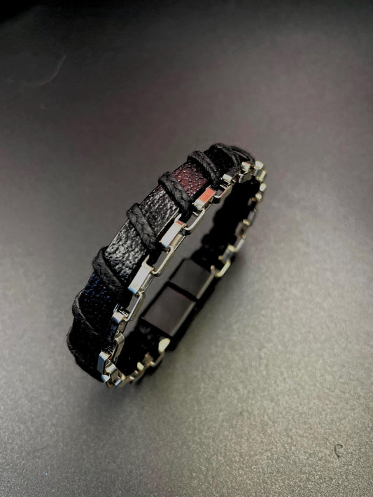 Gothic Leather & Chain Bracelet – Dark Metallic Punk Jewelry, Halloween Accessory for Men