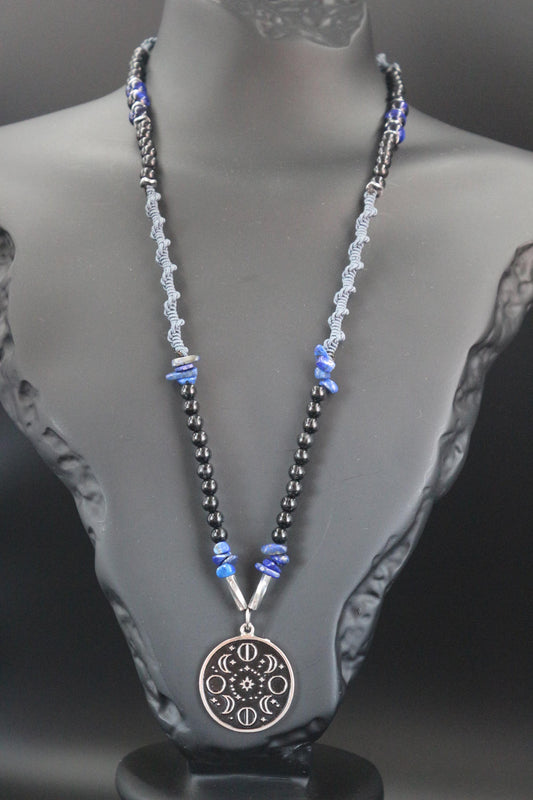 Necklace - with Lapis Lazuli, Hematite, and Moon Phase Pendant Handmade