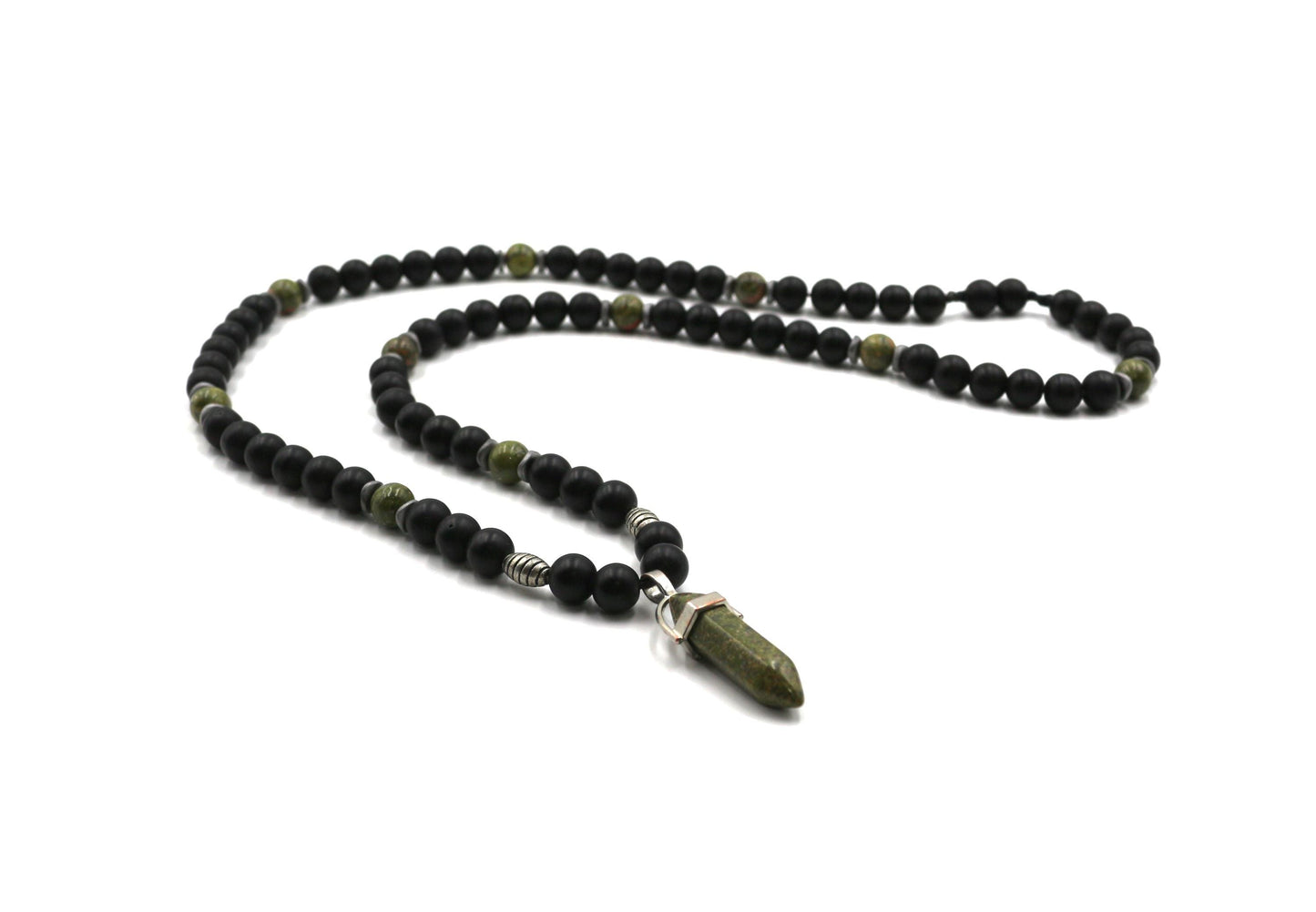 Necklace - Unakite, Black Onyx, and Hematite Handmade Natural Stone – Unique Design Green Gemstone Necklace