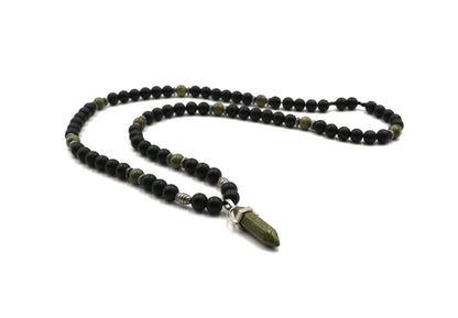 Necklace - Unakite, Black Onyx, and Hematite Handmade Natural Stone – Unique Design Green Gemstone Necklace