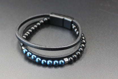 Bracelet - Genuine Leather, Blue Hematite, and Natural Stone