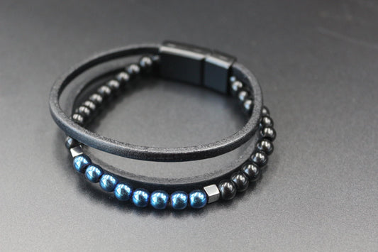 Bracelet - Genuine Leather, Blue Hematite, and Natural Stone