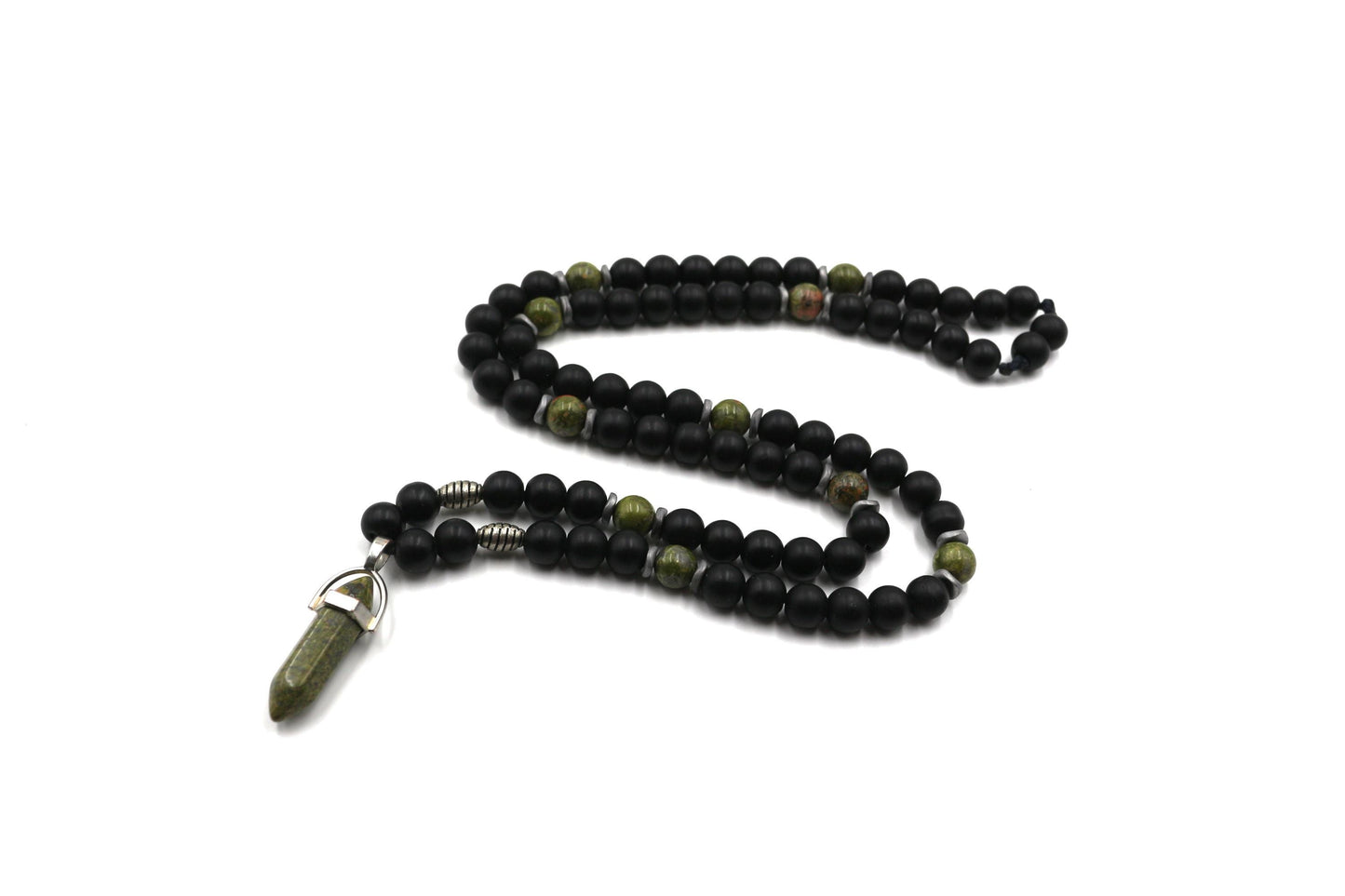 Necklace - Unakite, Black Onyx, and Hematite Handmade Natural Stone – Unique Design Green Gemstone Necklace