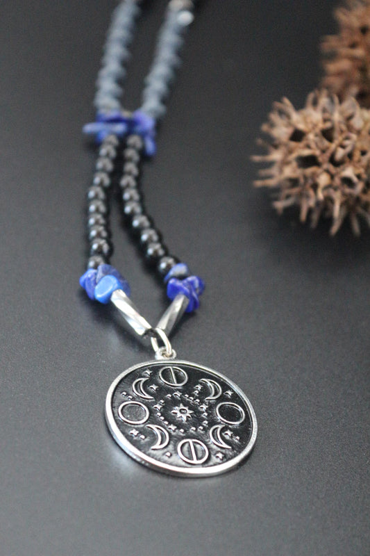 Necklace - with Lapis Lazuli, Hematite, and Moon Phase Pendant Handmade