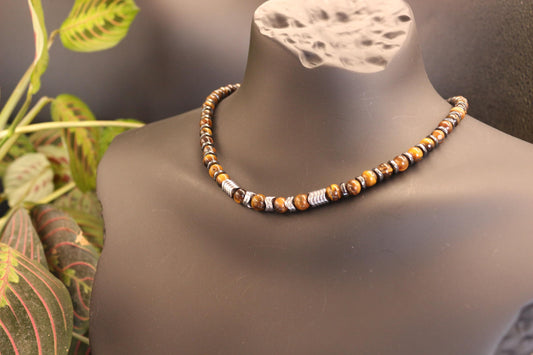 Tiger's Eye, Hematite, and Black Onyx Necklace, Unique Handmade Necklace