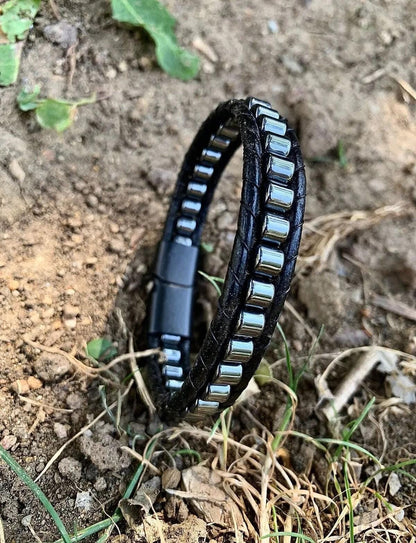 Hematite and Genuine Leather - "Strength and Style" Bracelet