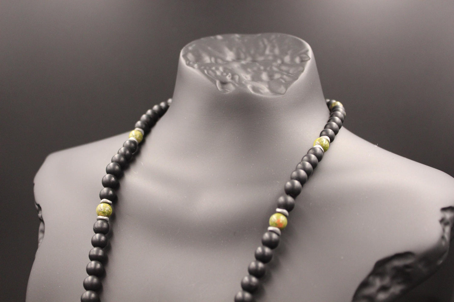 Necklace - Unakite, Black Onyx, and Hematite Handmade Natural Stone – Unique Design Green Gemstone Necklace