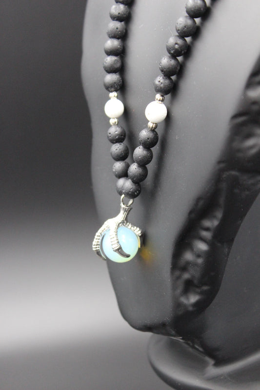 Handmade Volcanic Stone Necklace with 'Bird Claw' Pendant & Opalite – Ethnic Amulet