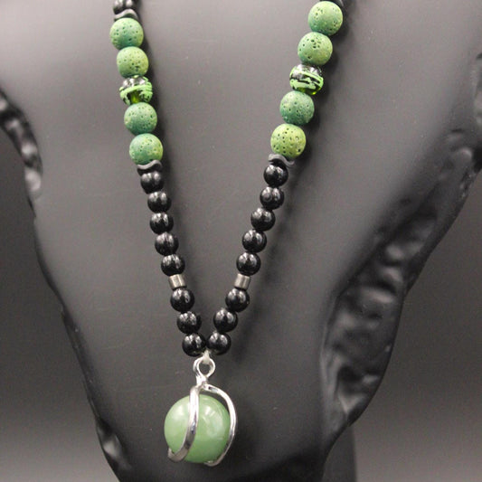 Handmade Unisex Necklace with Green Agate and Volcanic Stone