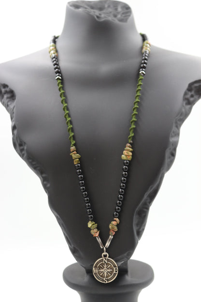 Handmade Unakite Hematite Necklace: Braided Cord Compass Pendant