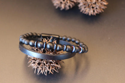 Bracelet - Handmade with Black Onyx, Blue Hematite, and Genuine Leather