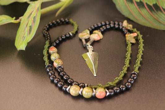 Handmade Necklace - Natural Unakite Stone and Braided Cord