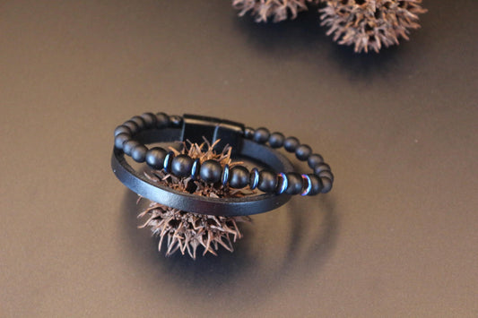 Bracelet - Handmade with Black Onyx, Blue Hematite, and Genuine Leather