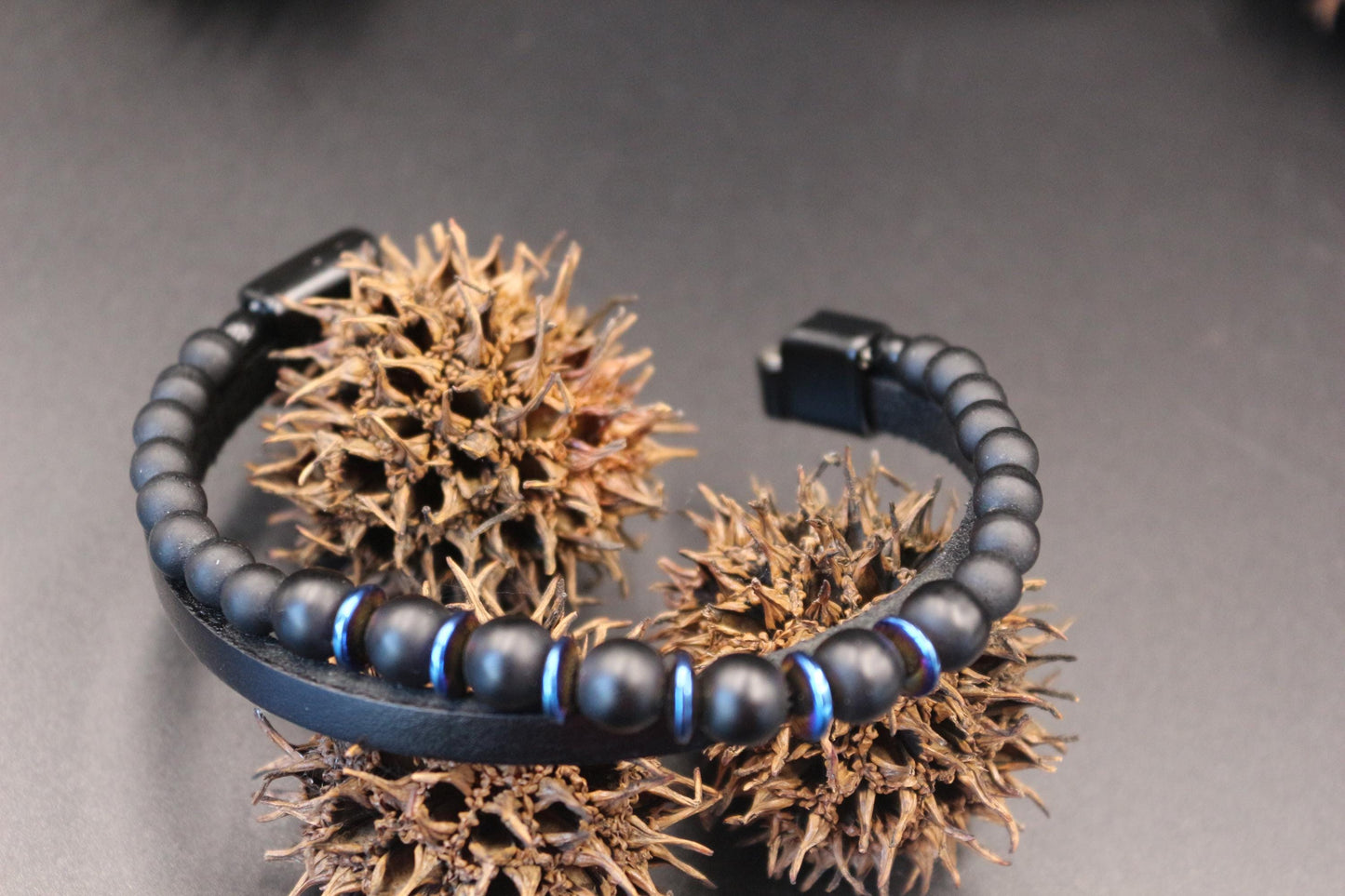 Bracelet - Handmade with Black Onyx, Blue Hematite, and Genuine Leather