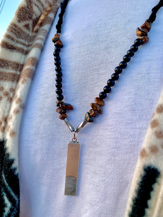 Handmade Tiger Eye Stone Necklace: Steel Fingerprint Pendant