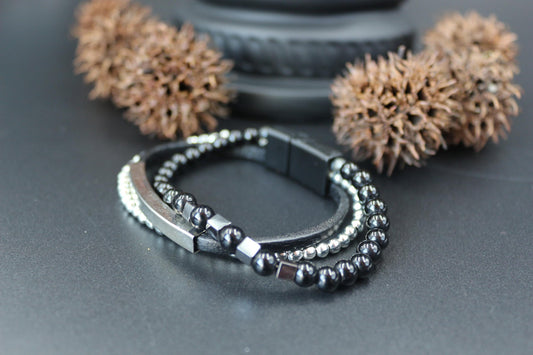 Handmade with Hematite, Black Onyx, Leather, and Metal