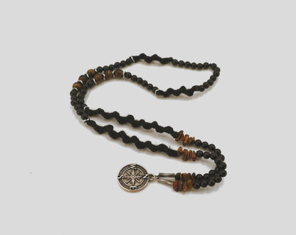 Handmade Men's Natural Stone Necklace – Tiger's Eye with Compass Pendant, Unique & Special Design