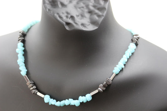 Handmade Aquamarine and Hematite Necklace – Stylish Natural Stone Design, Unisex