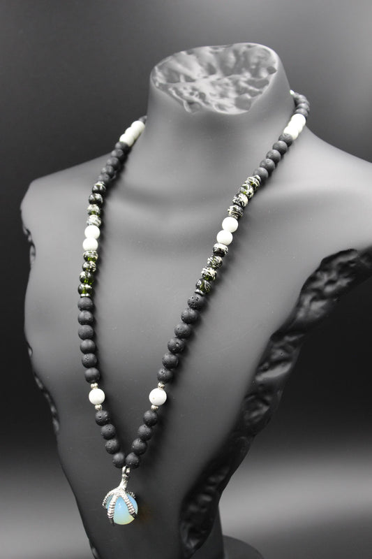 Handmade Volcanic Stone Necklace with 'Bird Claw' Pendant & Opalite – Ethnic Amulet