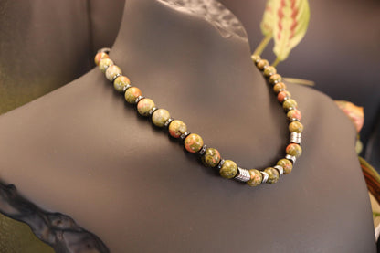 Unakite, Hematite, and Black Onyx Necklace, Unique Handmade Necklace