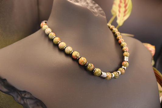 Unakite, Hematite, and Black Onyx Necklace, Unique Handmade Necklace
