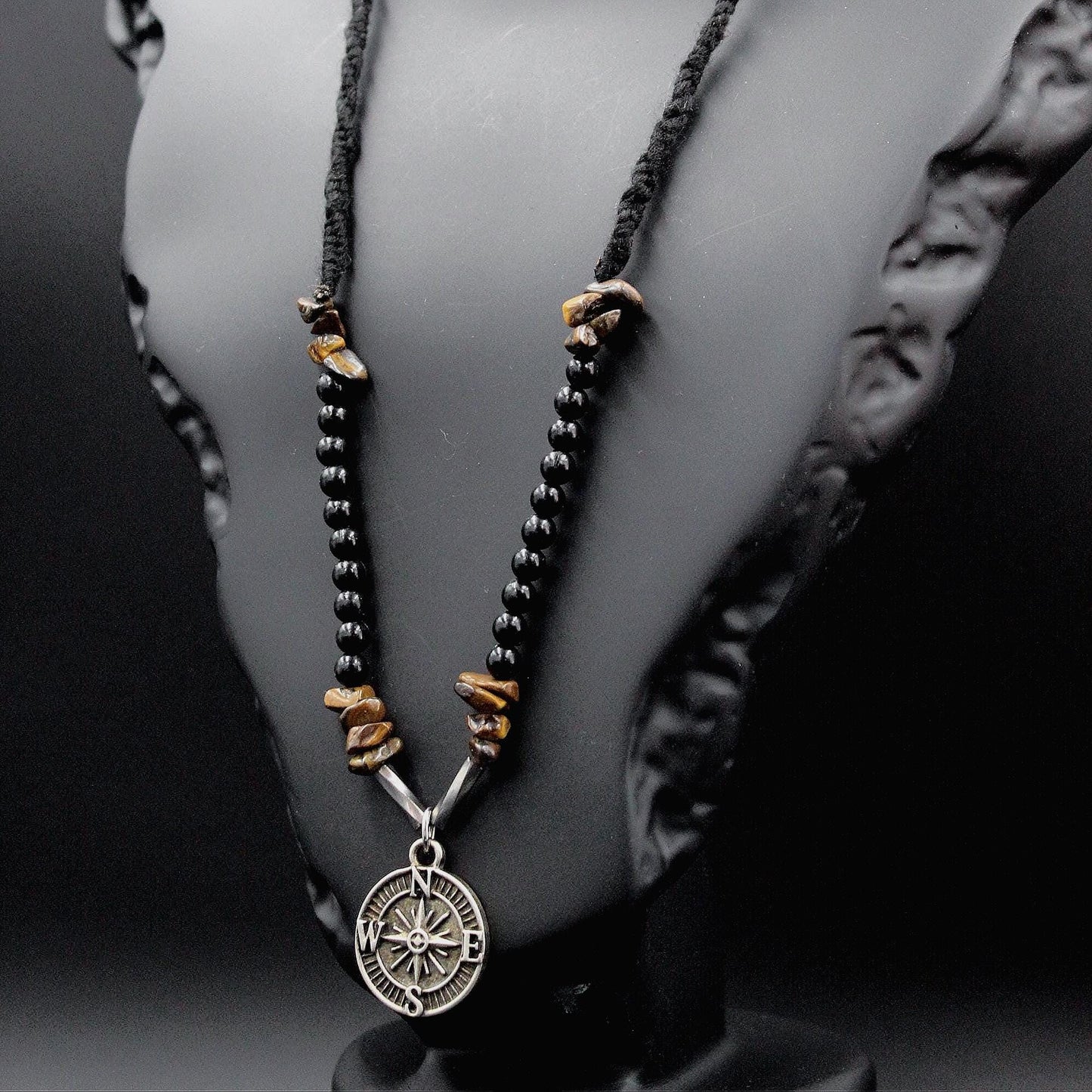 Handmade Men's Natural Stone Necklace – Tiger's Eye with Compass Pendant, Unique & Special Design