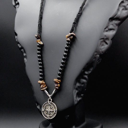 Handmade Men's Natural Stone Necklace – Tiger's Eye with Compass Pendant, Unique & Special Design