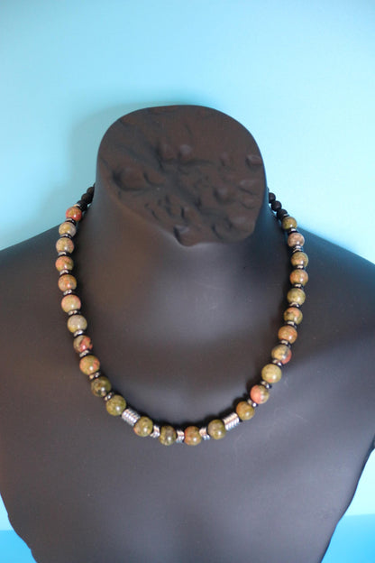 Unakite, Hematite, and Black Onyx Necklace, Unique Handmade Necklace