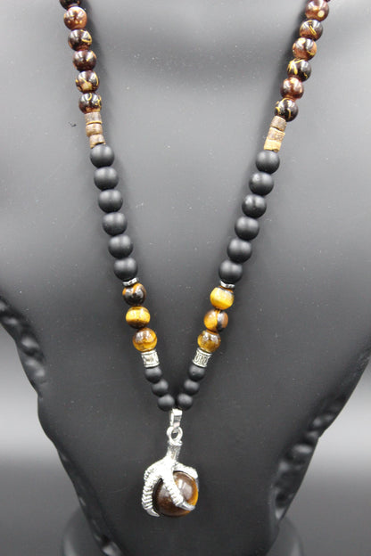 Handmade Necklace with Natural Tiger's Eye, Onyx, and Wooden Beads. Unique Design